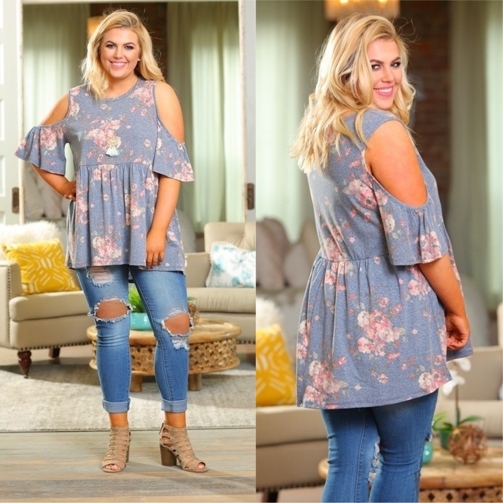 PLUS  Blue Vintage Wash Floral Cold Shoulder Top - Picture 3 of 3